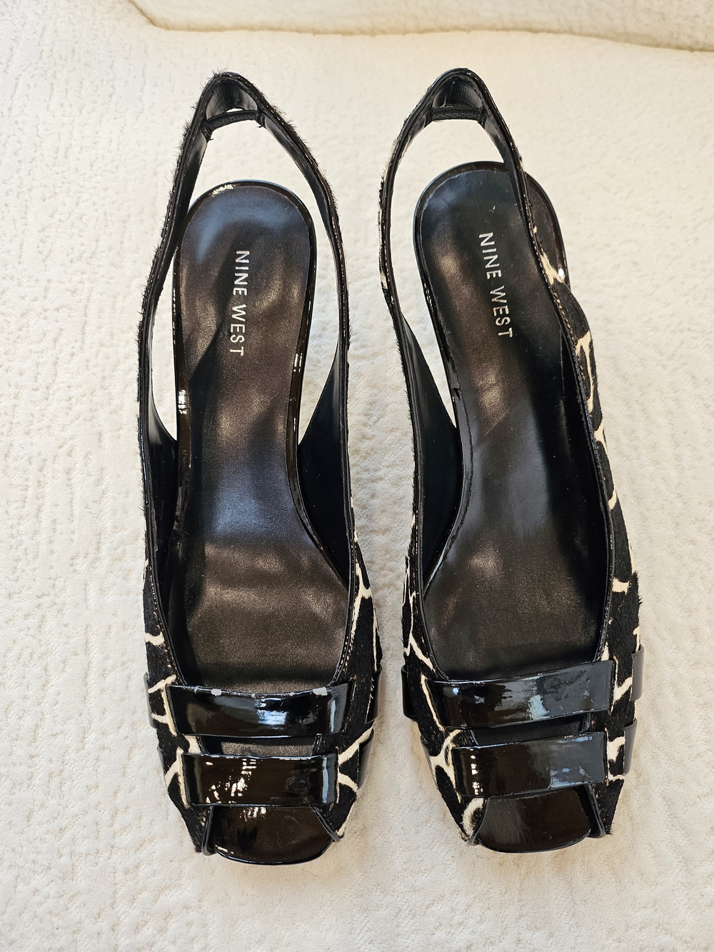Nine West Black and White Patterned Slingback Peep-Toe Mules